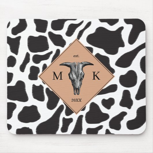 Schwarz-Weiß-Kuh-Spot Tiermuster Monogramm Mousepad (Vorne)