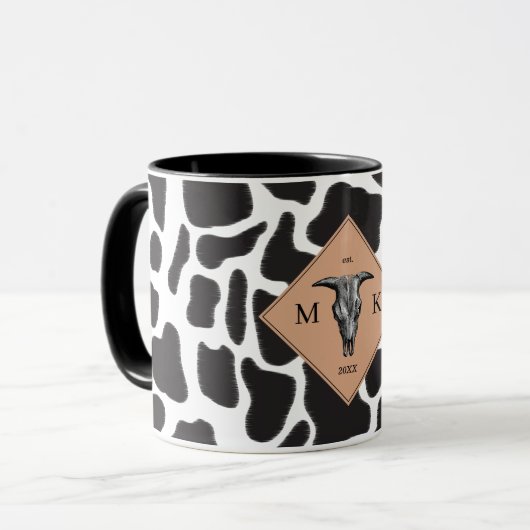 Schwarz-Weiß-Kuh-Spot Tiermuster Monogramm Tasse (Vorderseite Links)