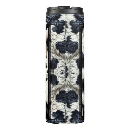 Schwarz-Weiß-Kuhkuh-Furnier-Look Thermosbecher (Rückseite)