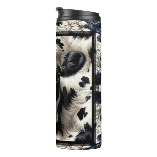 Schwarz-Weiß-Kuhkuh-Furnier-Look Thermosbecher (Nach rechts gedreht)