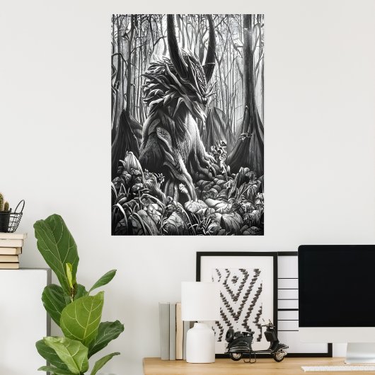 Schwarz-Weiß-Kunst im Wald | Art der AI Poster (Heimbüro)