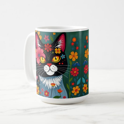Schwarz-Weiß-Kunst-Katze und Blume Whimsikum Kaffeetasse (Vorderseite Links)