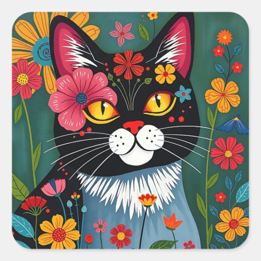 Schwarz-Weiß-Kunst-Katze und Blume Whimsikum Quadratischer Aufkleber (Vorderseite)