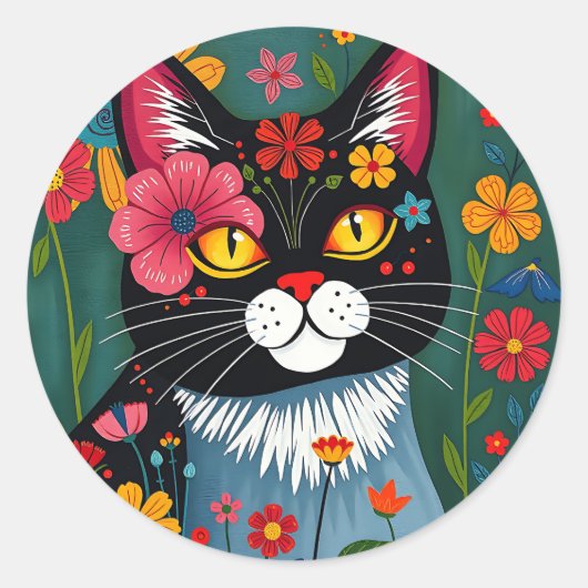 Schwarz-Weiß-Kunst-Katze und Blume Whimsikum Runder Aufkleber (Vorderseite)