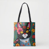 Schwarz-Weiß-Kunst-Katze und Blume Whimsikum Tasche (Vorderseite)