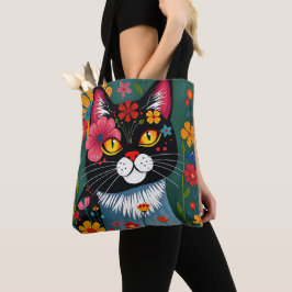 Schwarz-Weiß-Kunst-Katze und Blume Whimsikum Tasche