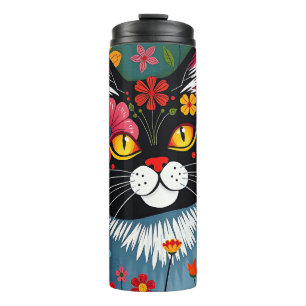 Schwarz-Weiß-Kunst-Katze und Blume Whimsikum Thermosbecher