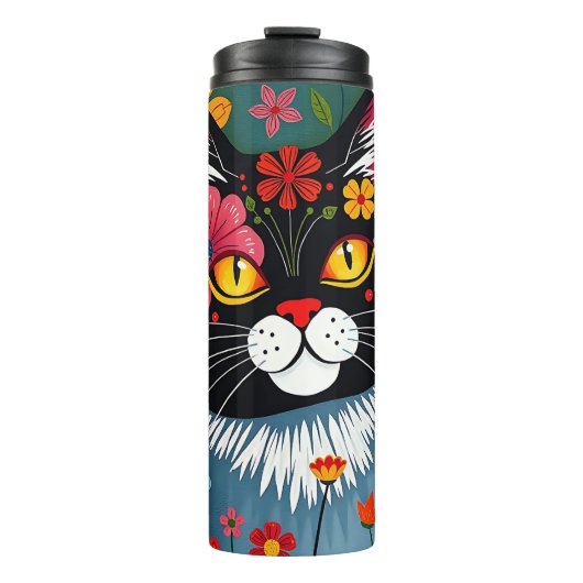 Schwarz-Weiß-Kunst-Katze und Blume Whimsikum Thermosbecher (Vorderseite)