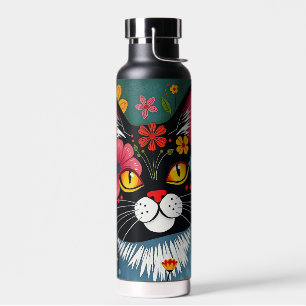 Schwarz-Weiß-Kunst-Katze und Blume Whimsikum Trinkflasche