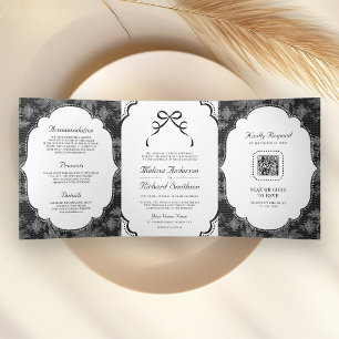 Schwarz-Weiß-Lace-Coquette-Schleife QR-Code-Hochze Dreifach Gefaltete Einladung