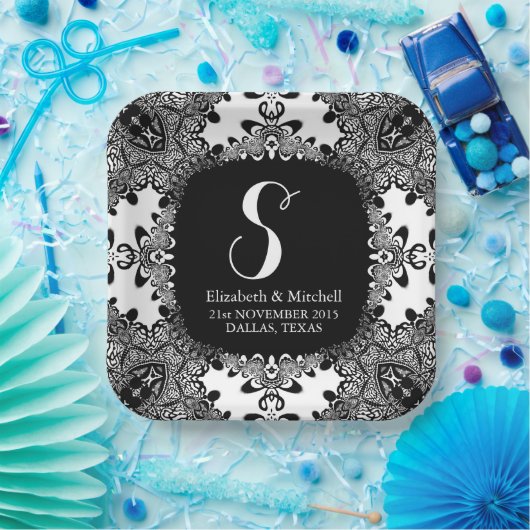 Schwarz-weiß Lacy Tribal Damask Fraktal Lace Pappteller (Party)