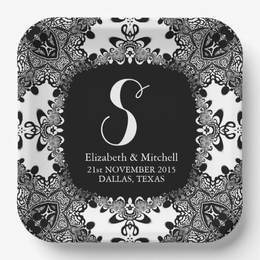 Schwarz-weiß Lacy Tribal Damask Fraktal Lace Pappteller (Vorderseite)