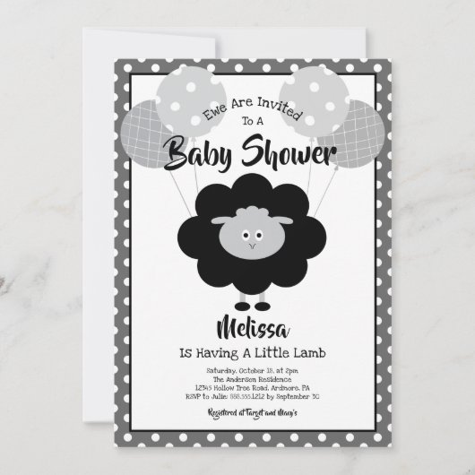 Schwarz-weiß Lamb Baby Dusche Niedlich einfach mod Einladung (Vorderseite)