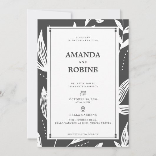 Schwarz-Weiß-Leaf Moderne Hochzeitseinladung Einladung (Vorderseite)