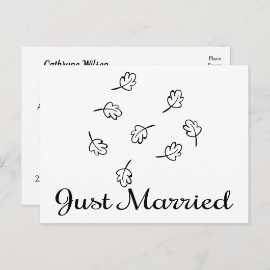Schwarz-Weiß-Leaf nur verheiratet Hochzeitsleder B Ankündigungspostkarte (Vorne/Hinten)
