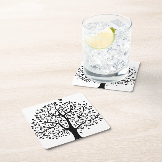Schwarz-Weiß-Lebensbaum Rechteckiger Pappuntersetzer (Vor Ort)