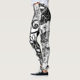 Schwarz-Weiß-Leggings mit Graffiti-Printmedien Leggings