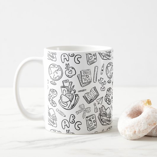 Schwarz-weiß-Lehrerdank-Schuldoodle Kaffeetasse (Mit Donut)
