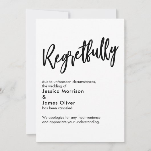 Schwarz-weiß leider abgesagte Hochzeitkarte Einladung (Vorderseite)