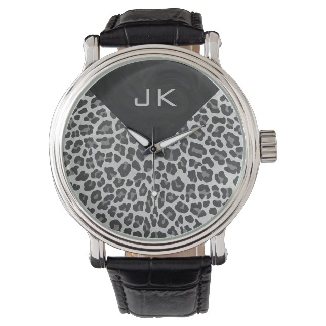 Schwarz-Weiß-Leopard-Printwerbung für Monogramm Armbanduhr (Vorderseite)