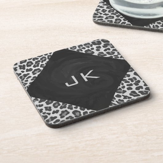 Schwarz-Weiß-Leopard-Printwerbung für Monogramm Getränkeuntersetzer (Linke Seite)