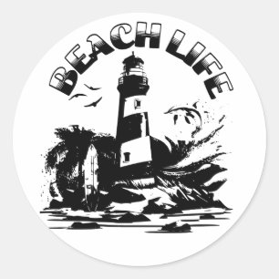 Schwarz-Weiß-Leuchtturm Beach Life Runder Aufkleber