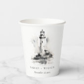 Schwarz-Weiß-Leuchtturm-Hochzeit Pappbecher (Rückseite)
