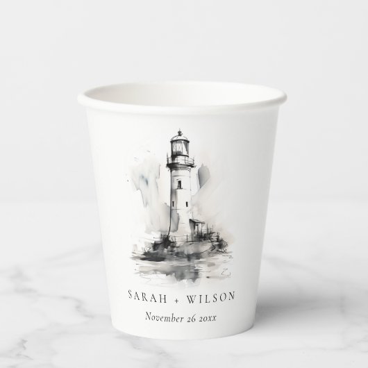 Schwarz-Weiß-Leuchtturm-Hochzeit Pappbecher (Vorderseite)