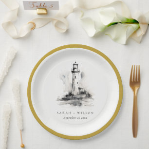 Schwarz-Weiß-Leuchtturm-Hochzeit Pappteller