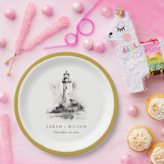 Schwarz-Weiß-Leuchtturm-Hochzeit Pappteller (Party)