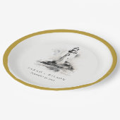 Schwarz-Weiß-Leuchtturm-Hochzeit Pappteller (Schrägansicht)