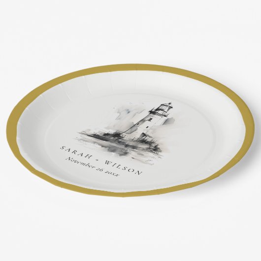 Schwarz-Weiß-Leuchtturm-Hochzeit Pappteller (Schrägansicht)