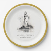 Schwarz-Weiß-Leuchtturm-Hochzeit Pappteller (Vorderseite)
