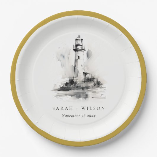 Schwarz-Weiß-Leuchtturm-Hochzeit Pappteller (Vorderseite)