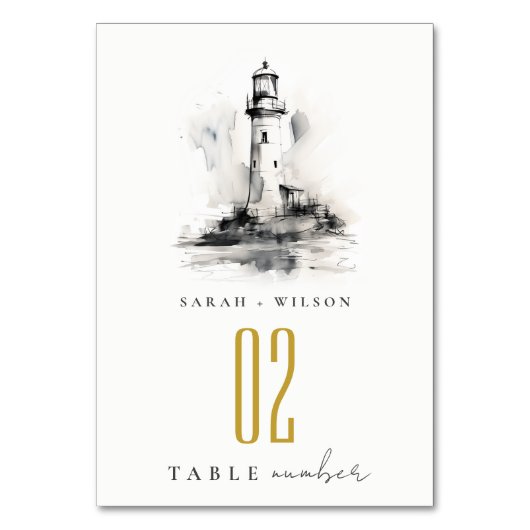 Schwarz-Weiß-Leuchtturm-Hochzeit Tischnummer (Vorderseite)