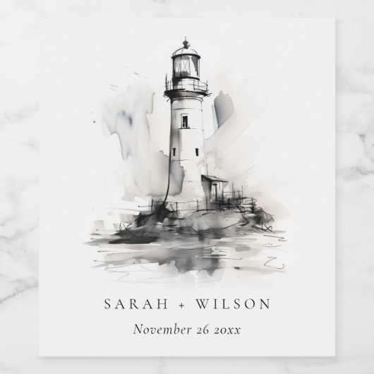 Schwarz-Weiß-Leuchtturm-Hochzeit Weinetikett (Einzelnes Label)