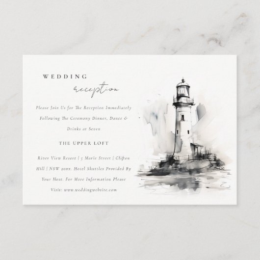 Schwarz-Weiß-Leuchtturm Küste Hochzeit Empfang Begleitkarte (Vorderseite)