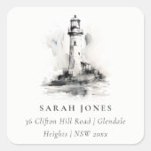 Schwarz-Weiß-Leuchtturm Nautical Sketch-Adresse Quadratischer Aufkleber (Vorderseite)