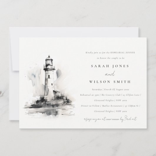 Schwarz-Weiß-Leuchtturm Sketch Probe Abendessen Einladung (Vorderseite)