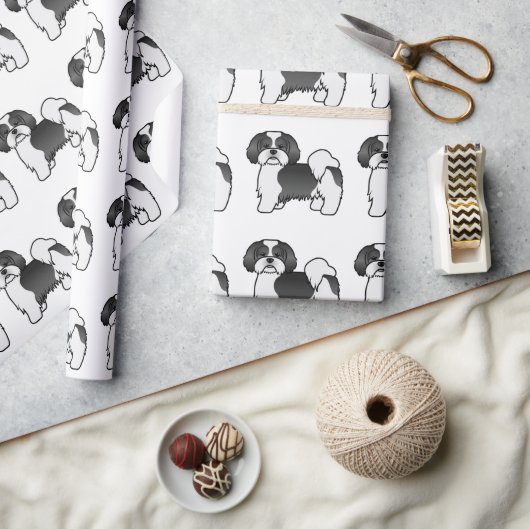 Schwarz-Weiß Lhasa Apso Cartoon Dog Muster Geschenkpapier (Kunsthandwerk)