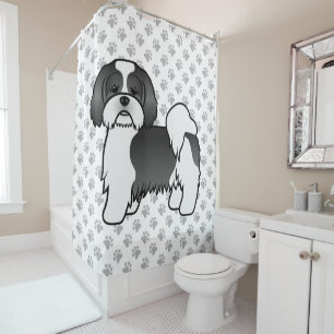 Schwarz-Weiß Lhasa Apso Niedlicher Cartoon Dog Duschvorhang