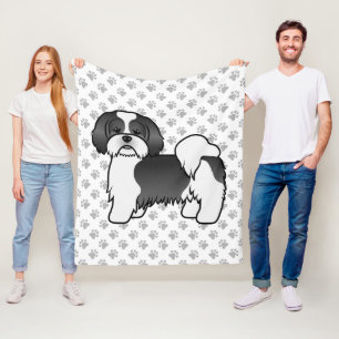 Schwarz-Weiß Lhasa Apso Niedlicher Cartoon Dog Fleecedecke