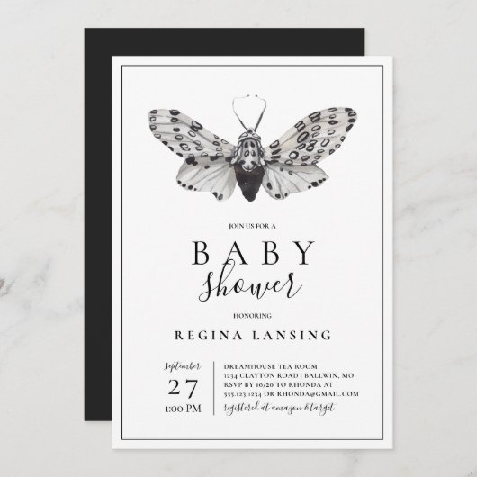 Schwarz-Weiß-Liebe Ihr Moth-Baby-Dusche Einladung (Vorne/Hinten)