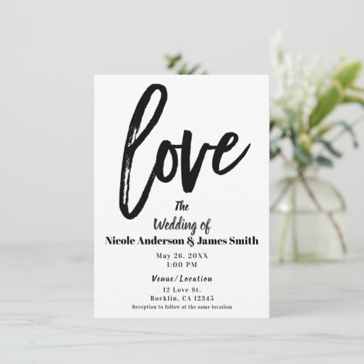Schwarz-Weiß-LIEBE Moderne Pinselskripte Hochzeit Einladung (Stehend Vorderseite)