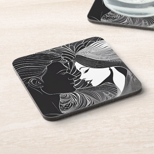 Schwarz/Weiß-Liebe Romantischer Kuss Getränkeuntersetzer (Linke Seite)