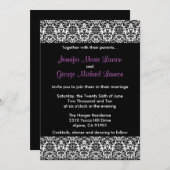 Schwarz/Weiß/Lila Damask Hochzeitseinladung Einladung (Vorne/Hinten)