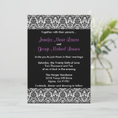 Schwarz/Weiß/Lila Damask Hochzeitseinladung Einladung (Stehend Vorderseite)