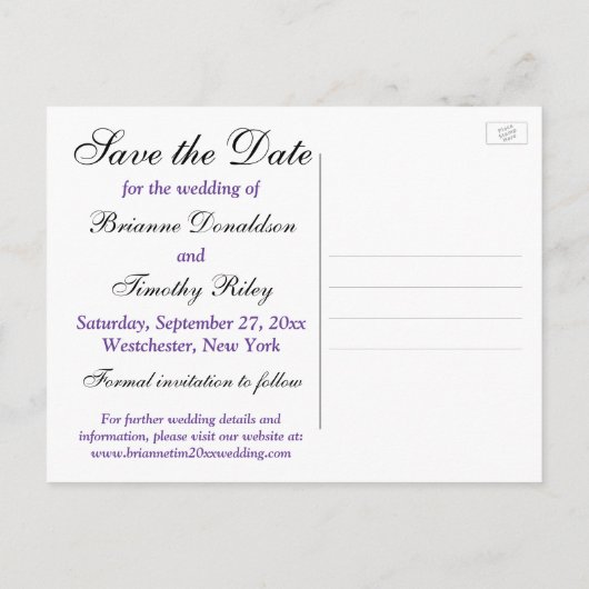 Schwarz, Weiß, Lila Damast Save the Date Postkarte (Rückseite)