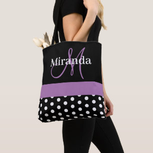Schwarz Weiß Lila Monogramm Schrift Punkte Tasche
