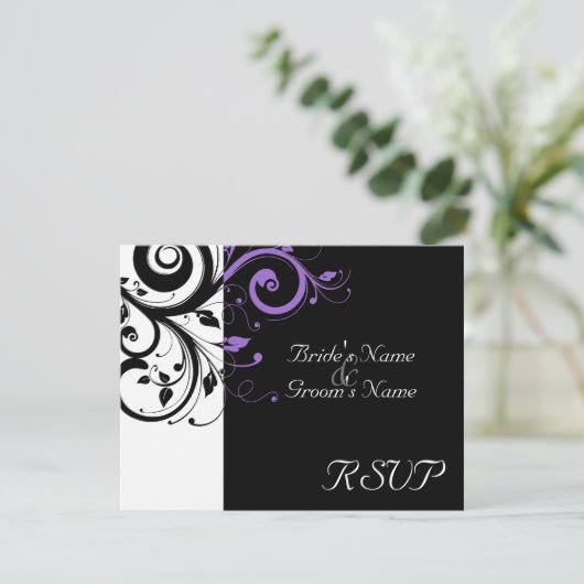 Schwarz +Weiß Lila Swirl Hochzeitskorb UAWG RSVP Karte (Stehend Vorderseite)